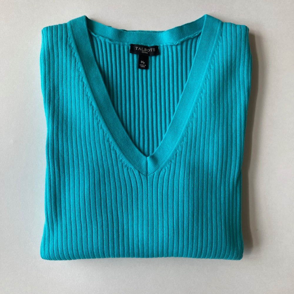 Turquoise Cotton V Neck Sweater Talbots Size MP Button Cuff 3/4 Sleeve NWOT